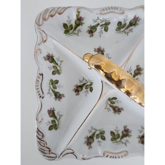 Norcrest Vintage Nut Candy Dish Rose Buds Gold Accents Handle 4 Sections - Picture 3 of 12